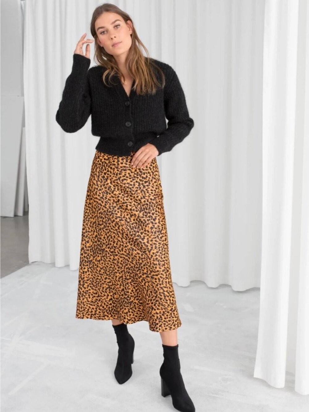 & Other Stories Leopard Cheetah Print Satin Bias Cut A-Line Midi Skirt